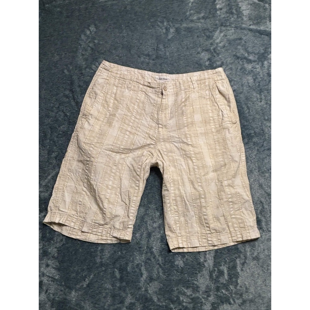 Calvin Klein Mens Shorts 36 Flat Front Beige Plaid 100% Cotton Casual RN36543